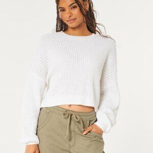 Hollister Easy Waffle Crew Sweater Cream Ivory White Boxy Fit Slouchy Knit | S